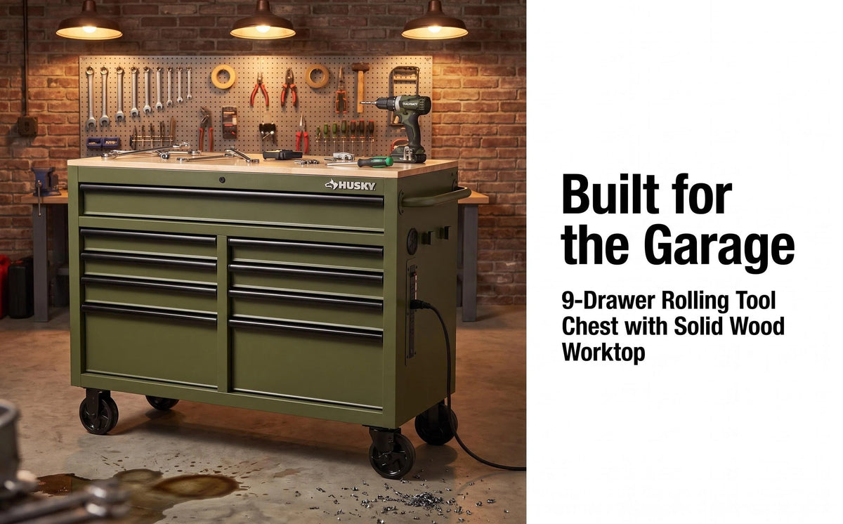 Mobile Tool Storage Cabinet on Wheels, Solid Wood Worktop & Built-In Power Strip for Workshop