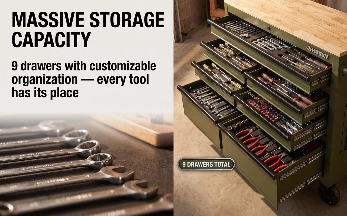 Mobile Tool Storage Cabinet on Wheels, Solid Wood Worktop & Built-In Power Strip for Workshop