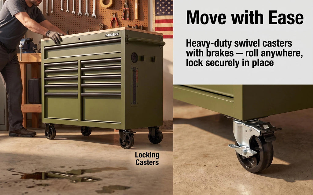 Mobile Tool Storage Cabinet on Wheels, Solid Wood Worktop & Built-In Power Strip for Workshop