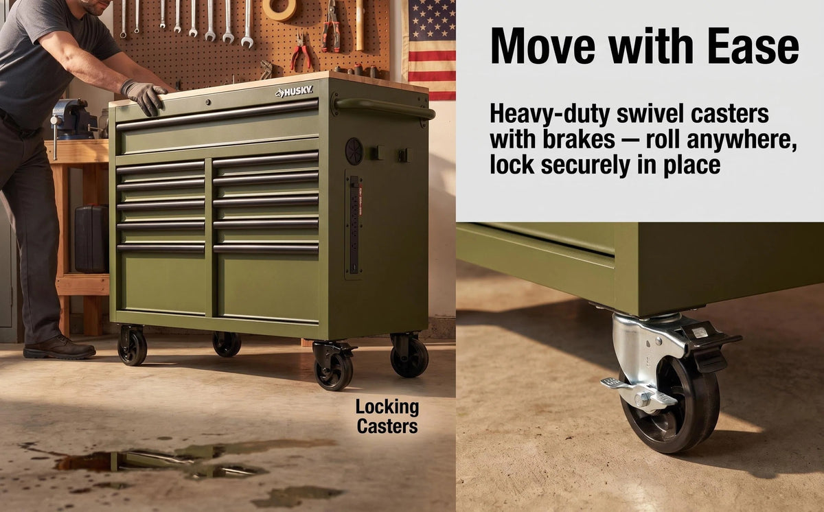 Mobile Tool Storage Cabinet on Wheels, Solid Wood Worktop & Built-In Power Strip for Workshop