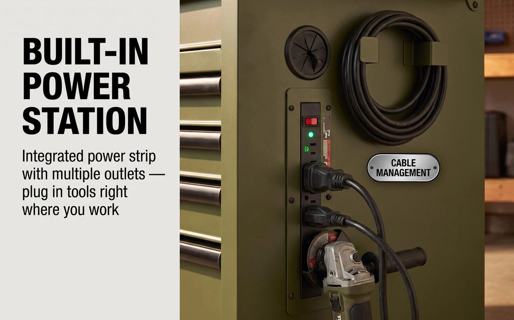 Mobile Tool Storage Cabinet on Wheels, Solid Wood Worktop & Built-In Power Strip for Workshop