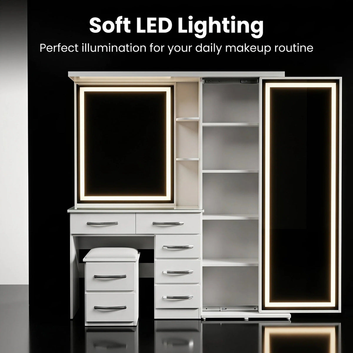 All‑in‑One Makeup Vanity Set | Full Body LED Mirror & Stool Included