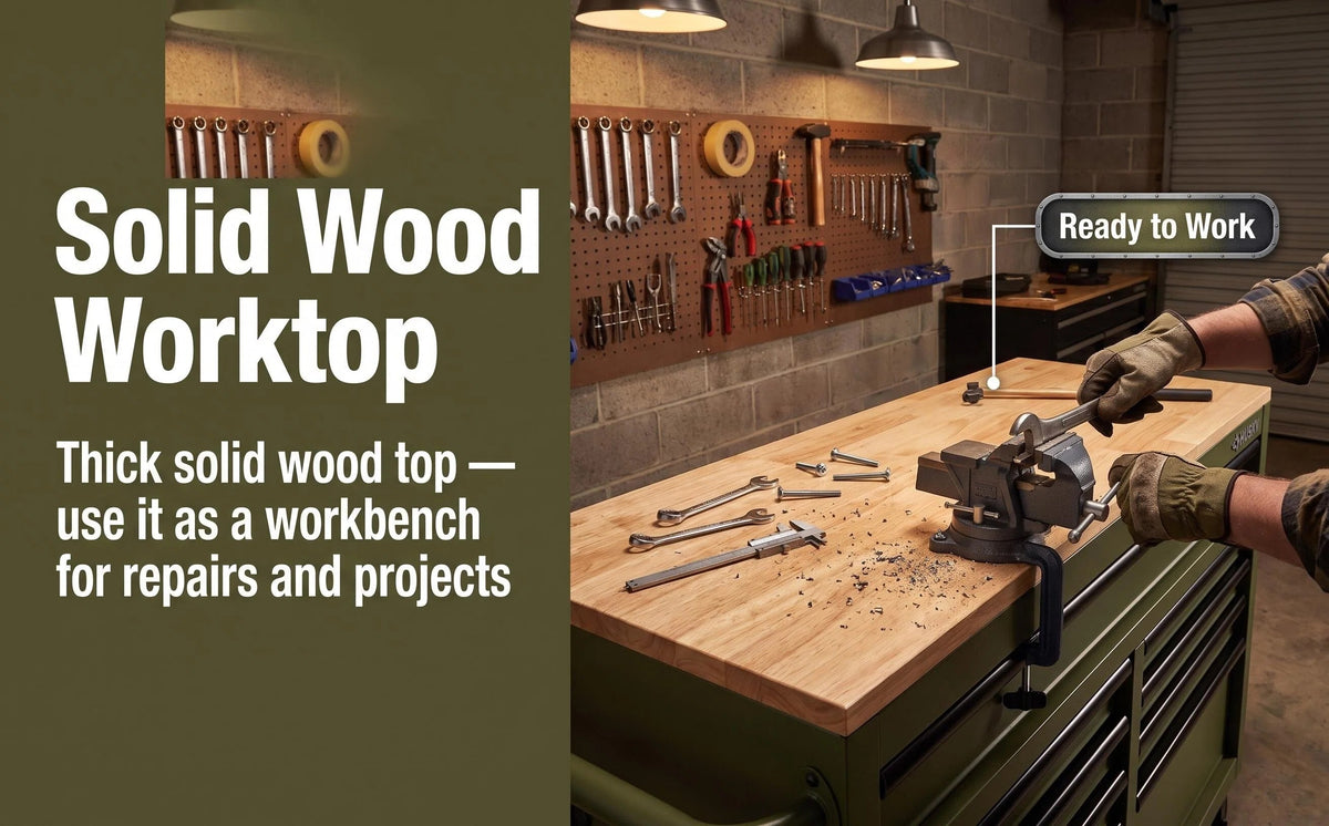 Mobile Tool Storage Cabinet on Wheels, Solid Wood Worktop & Built-In Power Strip for Workshop