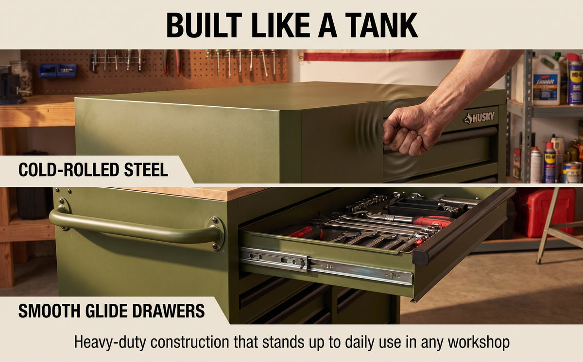 Mobile Tool Storage Cabinet on Wheels, Solid Wood Worktop & Built-In Power Strip for Workshop