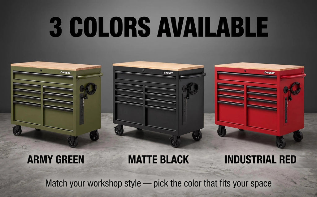 Mobile Tool Storage Cabinet on Wheels, Solid Wood Worktop & Built-In Power Strip for Workshop