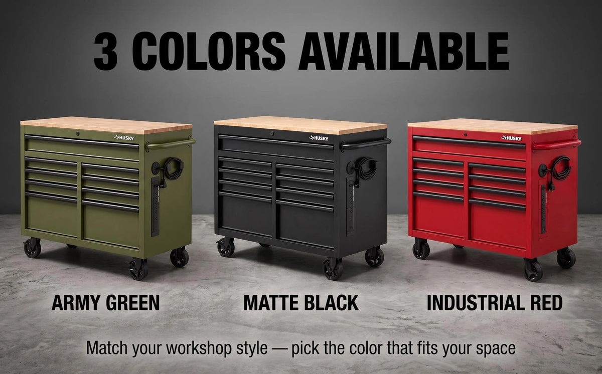 Mobile Tool Storage Cabinet on Wheels, Solid Wood Worktop & Built-In Power Strip for Workshop