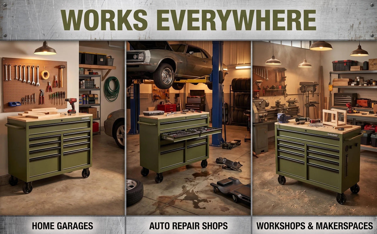 Mobile Tool Storage Cabinet on Wheels, Solid Wood Worktop & Built-In Power Strip for Workshop