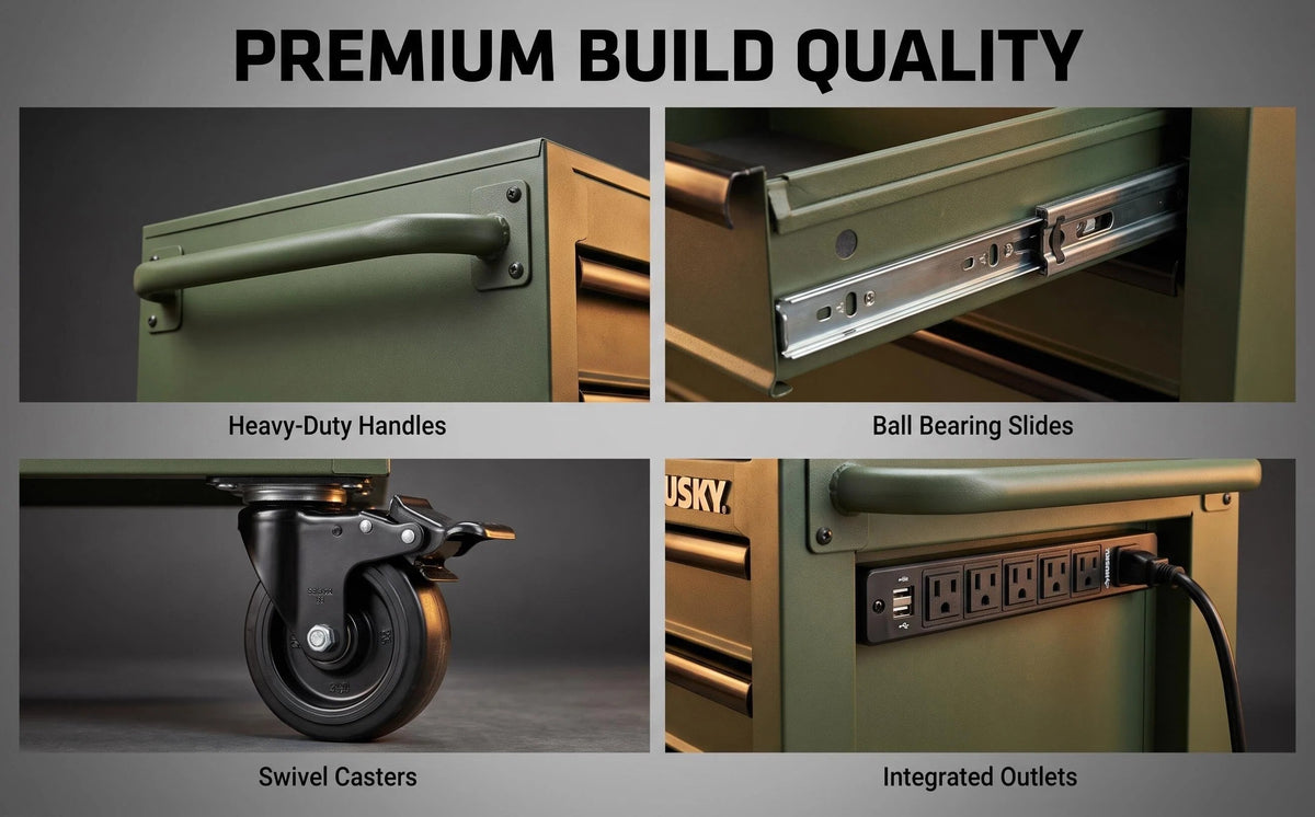 Mobile Tool Storage Cabinet on Wheels, Solid Wood Worktop & Built-In Power Strip for Workshop