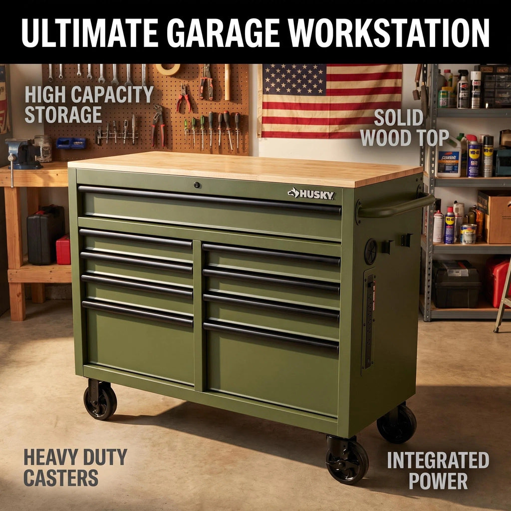 Mobile Tool Storage Cabinet on Wheels, Solid Wood Worktop & Built-In Power Strip for Workshop