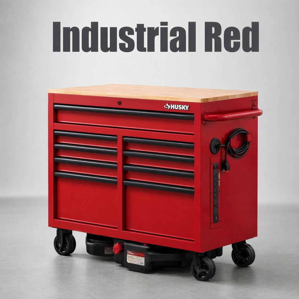 Mobile Tool Storage Cabinet on Wheels, Solid Wood Worktop & Built-In Power Strip for Workshop