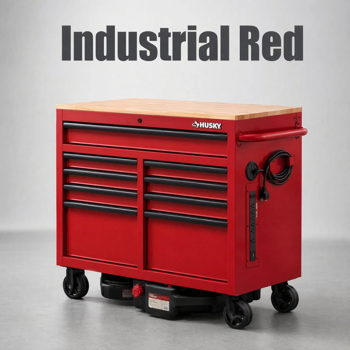 Mobile Tool Storage Cabinet on Wheels, Solid Wood Worktop & Built-In Power Strip for Workshop