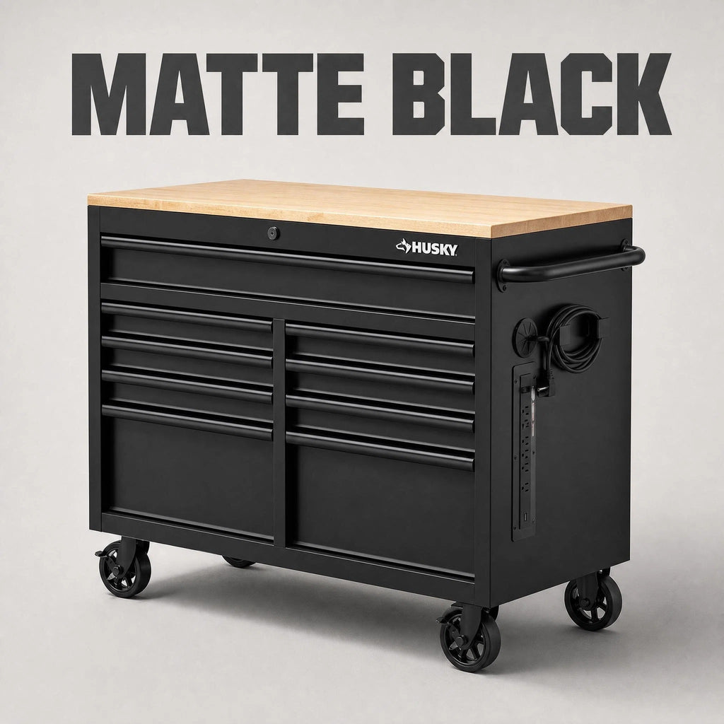 Mobile Tool Storage Cabinet on Wheels, Solid Wood Worktop & Built-In Power Strip for Workshop