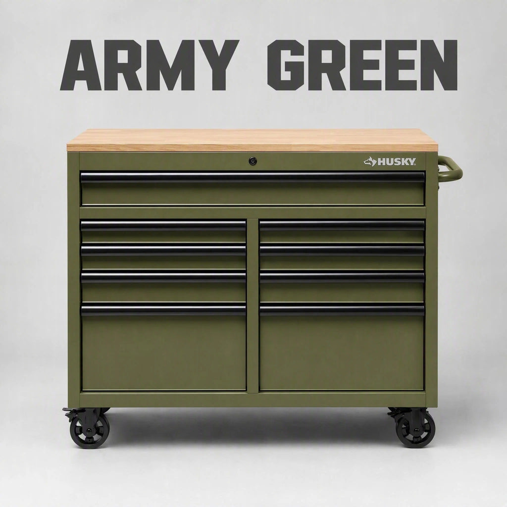 Mobile Tool Storage Cabinet on Wheels, Solid Wood Worktop & Built-In Power Strip for Workshop