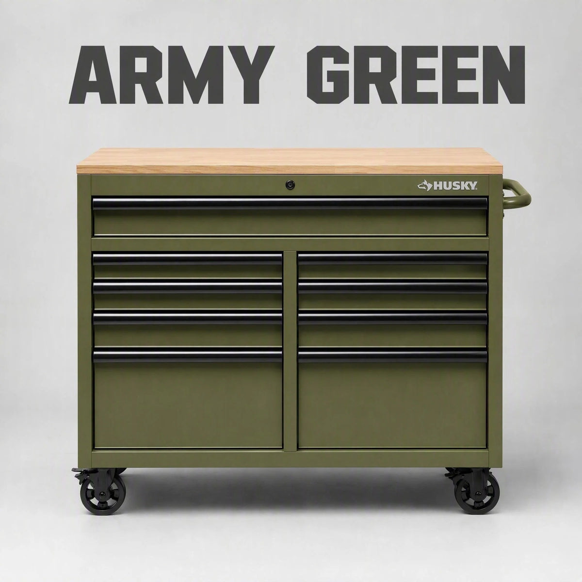 Mobile Tool Storage Cabinet on Wheels, Solid Wood Worktop & Built-In Power Strip for Workshop