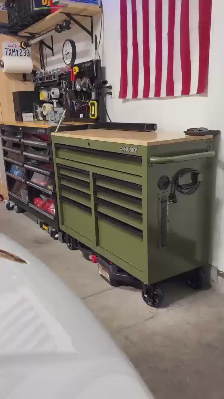 Mobile Tool Storage Cabinet on Wheels, Solid Wood Worktop & Built-In Power Strip for Workshop